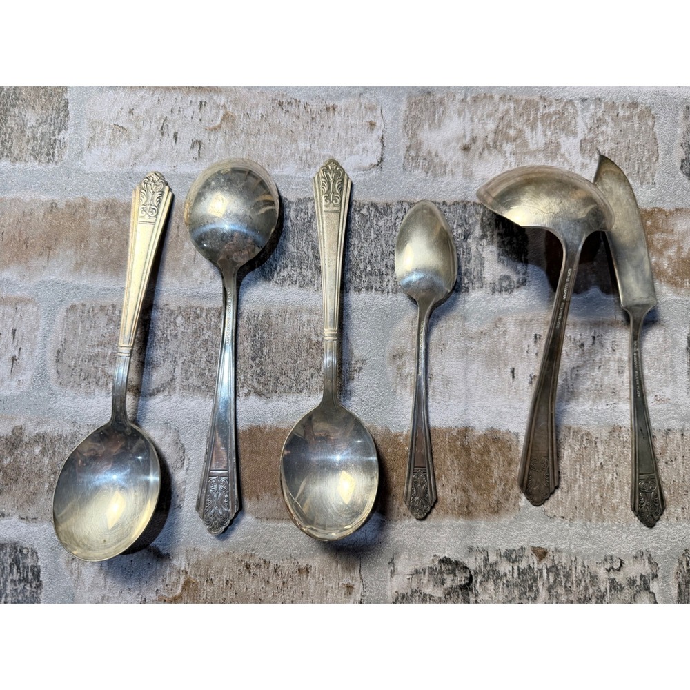 Vintage Royal Saxony Silverplate Flatware Set‎ 6pc Serving Spoons Ladle Knife